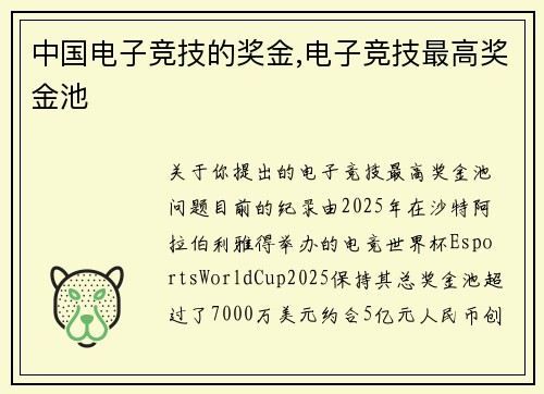 中国电子竞技的奖金,电子竞技最高奖金池